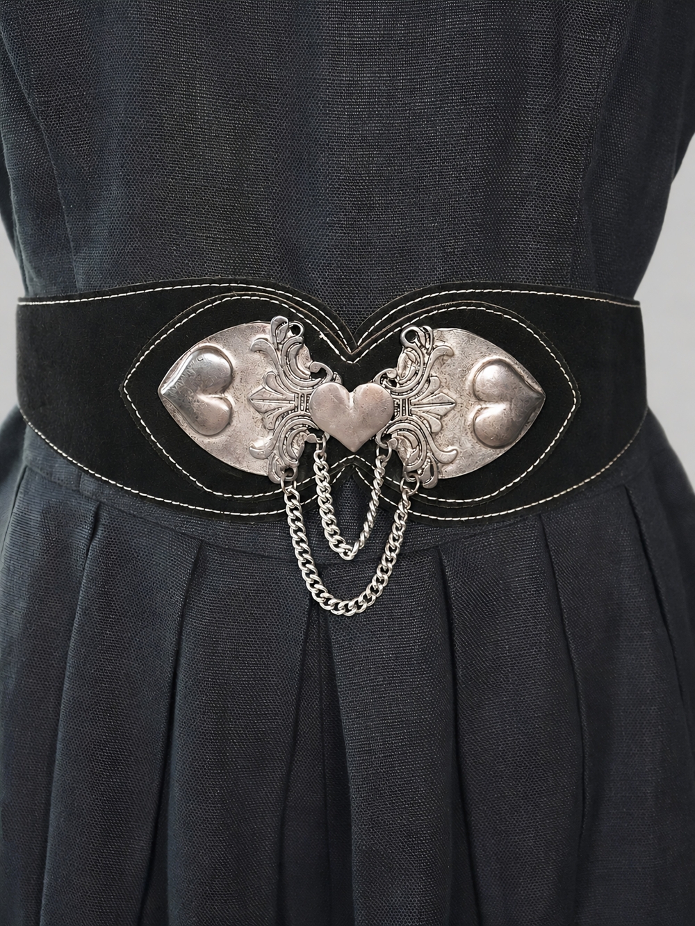 Vintage Black Maxi Linen Dress with Belt, Gothic, Medieval, Cottagecore - Picture 3 of 12